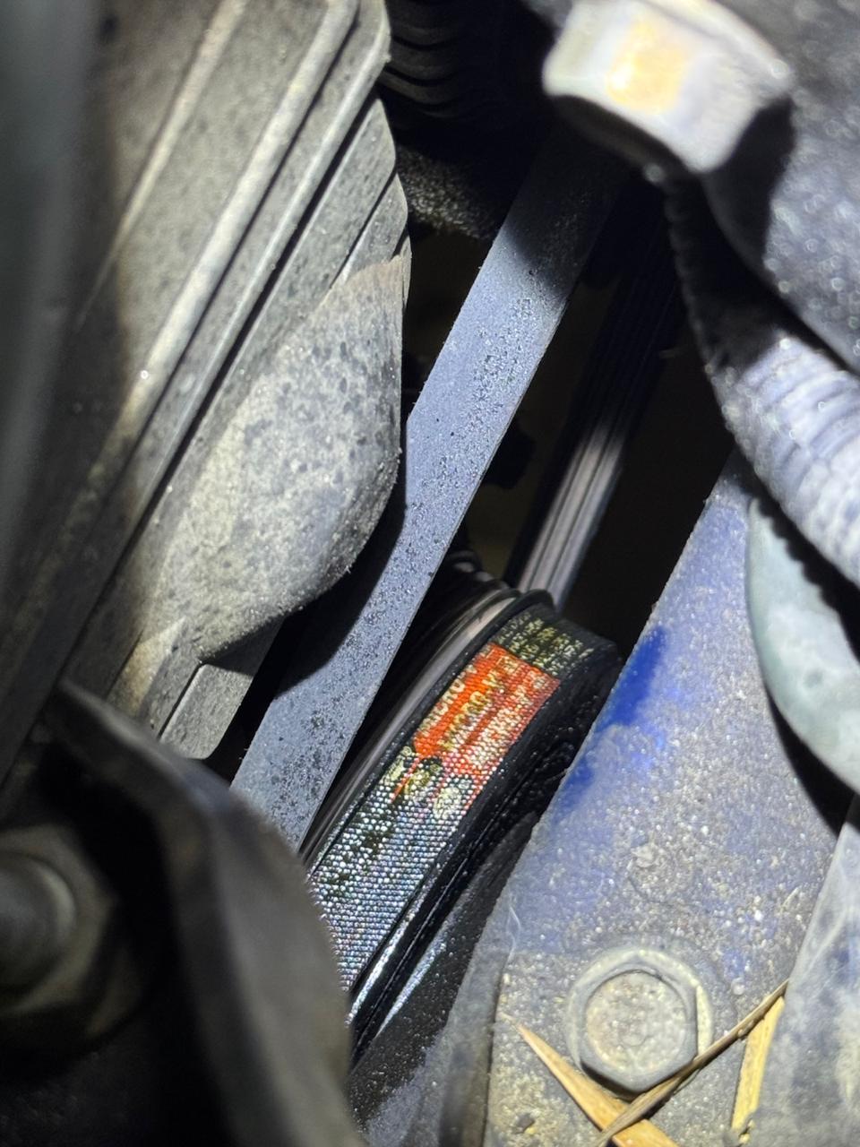 Correa de accesorios deteriorada detectada durante la revisión del motor
