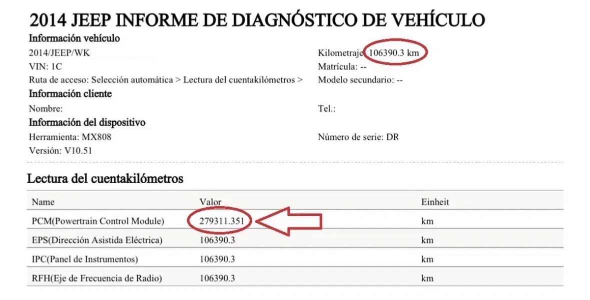 Informe de diagnóstico con kilometrajes diferentes registrados en los módulos del vehículo